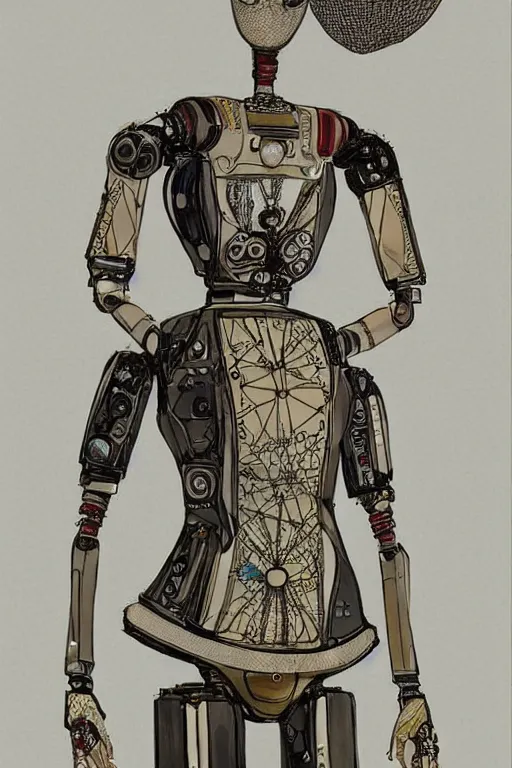 Prompt: a scene with a delicate 2 0's robot wearing a intricate tailored costume, with muted organic shapes, muted colors, vivienne westwood, reduced minimal illustration