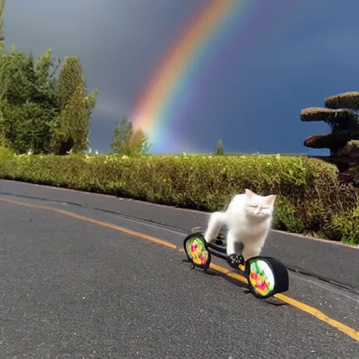 Image similar to cats cycling on the mariocart rainbow track