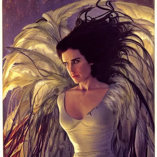 Prompt: jennifer connelly as dark swan queen, black feathers instead of hair, feathers growing out of skin, moulting, suspended in zero gravity, on spaceship with cables hanging down, highly detailed, mike mignogna, ron cobb, mucha, oil painting