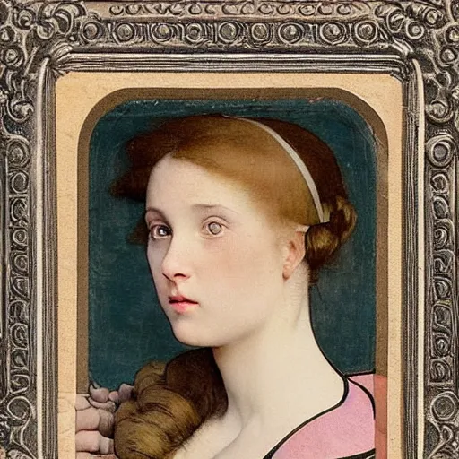 Image similar to portrait of a beautiful young lady with huge bright silver eyes, colored daguerreotype by pontormo, by bosch, by mucha, by Mackintosh, by max ernst, by ernst heackel, modern art noveau, ornate background, highly detailed, liminal, eerie, Bright pastel colors