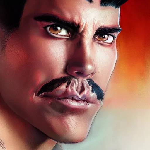 Image similar to ultra realistic freddy mercury as ryu from street fighter, portrait, 4 k, ultra realistic, detailed focused art by artgerm and greg rutkowski and alphonse mucha