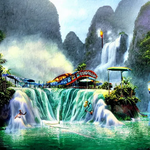 Prompt: epic waterfall waterpark halong bay vietnam waterslides painting by brain froud, charles vess, cinematic lighting, epic composition, highly detailed