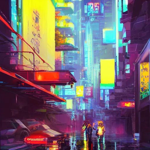 Image similar to acrylic painting, impressionism and expressionism, strong emotional impact, bold pastel colors, expressive brushstrokes, overall sense of movement in the composition. a cyberpunk streetscape lined with beautiful flowers, by liam wong and tyler edlin, trending on artstation