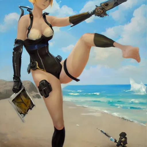 Image similar to greg manchess portrait painting of 2 b nier automata as tracer from overwatch in a bikini on the beach, organic painting, sunny day, matte painting, bold shapes, hard edges, street art, trending on artstation, by huang guangjian and gil elvgren and sachin teng