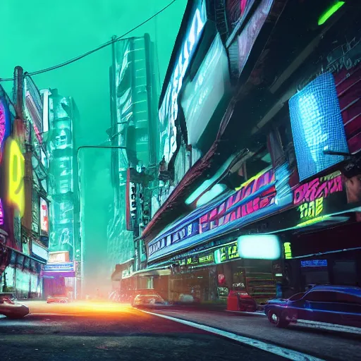 Image similar to a 3 d rendered in unreal engine guatemalan cyberpunk city with neon ads and signs with evocative dramatic mood with blade runner vibe with cars with motion blur with depth of field with bloom with lightshaft with volumetric lights, fog, by scott robertson, oscar winning graphics, photo realistic, bloom, imax, dynamic lighting, artstation,