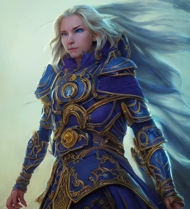 Prompt: Jaina Proudmore portrait, intricate arcane armor with glowing magical runes, flowing blue magical energy, subject in the middle of the frame, rule of thirds, golden ratio, elegant, digital painting, octane 4k render, zbrush, hyperrealistic, artstation, concept art, smooth, sharp focus, illustration from Warcraft by Ruan Jia and Mandy Jurgens and Artgerm and William-Adolphe Bouguerea