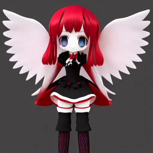 Image similar to cute fumo plush of a gothic maiden in a black and red gold lined uniform, laces and ribbons, soft shadow, anime girl, vray, symmetry