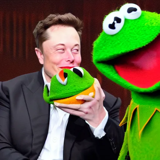 Prompt: elon musk eating kermit the frog