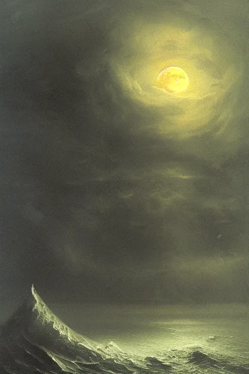 Image similar to A stunning detailed Shoggoth by Zdzisław Beksiński and Ivan Aivazovsky, stormy ocean, beautiful lighting, full moon, detailed swirling water tornado, artstation