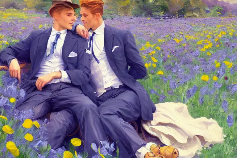 Prompt: 2 attractive men sitting on a coach in flower field, blue sky with clouds, painting by vladimir volegov, j. c. leyendecker, tom of finland, trending on artstation