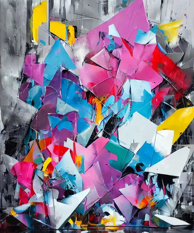 Image similar to acrylic and spraypaint portrait of origami architecture, frank gehry architecture, marble sculpture, graffiti wildstyle, explosions, large brush strokes, painting, paint drips, acrylic, clear shapes, spraypaint, smeared flowers, large triangular shapes, painting by totem 2, ashley wood, jeremy mann, masterpiece
