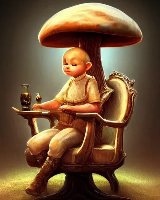 Prompt: portrait of a mushroom sitting in a chair by the fireplace, science fantasy painting, elegant intricate digital painting artstation, art by normal rockwell, detailed