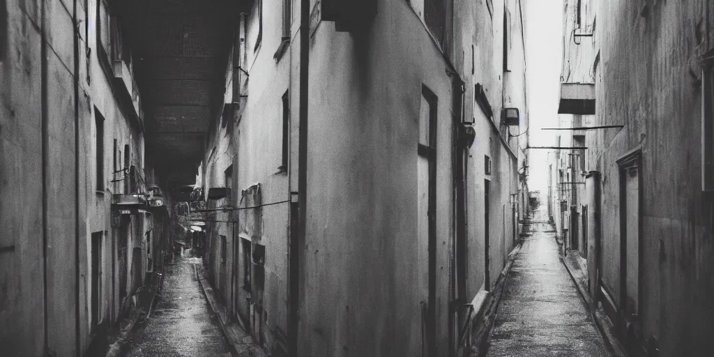 Prompt: analog photograph of an alley in a futuristic city seen from above, drone footage, greyscale, film grain, rainfall, bokeh, lensflare, depth of field