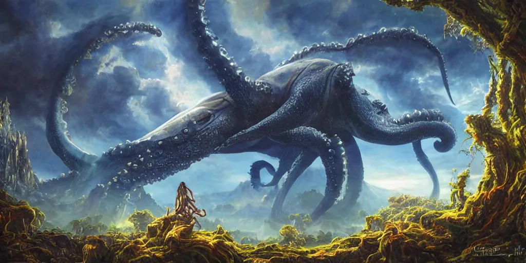 Image similar to fantasy oil painting, great leviathan, cybernetic turtle cephalopod terrapin reptilian pachyderm squid, bella hadid, hybrid, milla jovovich, anubis, epic natural light, lush plants flowers, spectacular mountains, bright clouds, luminous sky, outer worlds, golden hour, michael cheval, edward hopper, michael whelan, vray, hd