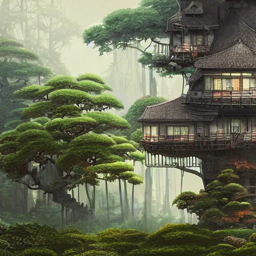 Prompt: a clockpunk house with a lot of trees on top of it, a detailed matte painting by hayao miyazaki, cgsociety, magical realism, anime aesthetic, anime, matte painting