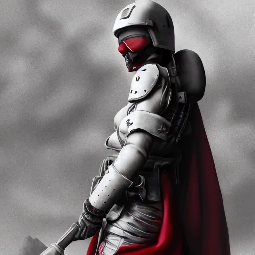 Image similar to a young female soldier with soot marks on her face, elegant, no makeup, in glossy sleek white bloodstained dinged scuffed armor , long torn red cape, heroic posture, determined expression, no helmet, on the surface of mars, dramatic lighting, cinematic, sci-fi, hyperrealistic, detailed