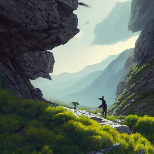 Image similar to golden eagle flying in avila mountains. green. granite. clouds. summer. batscoming out from the entrance. 4 k, concept art, by wlop, ilya kuvshinov, artgerm, krenz cushart, greg rutkowski, pixiv. cinematic dramatic atmosphere, sharp focus, volumetric lighting, cinematic lighting, studio quality