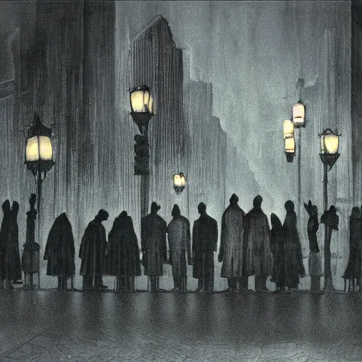Image similar to some people waiting at bus stop in dark city night, detailed, high quality,a scene by Stanley kubrick, sci-fi, reimagined by industrial light and magic