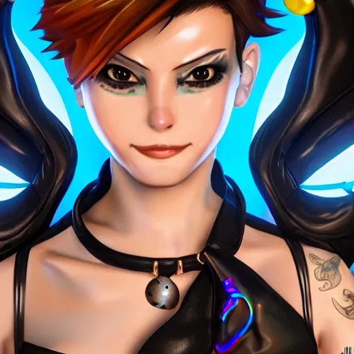 Image similar to portrait bust digital artwork of tracer overwatch, wearing black iridescent rainbow latex tank top, 4 k, expressive happy smug expression, makeup, in style of mark arian, angel wings, wearing detailed black leather collar, chains, black leather harness, detailed face and eyes,