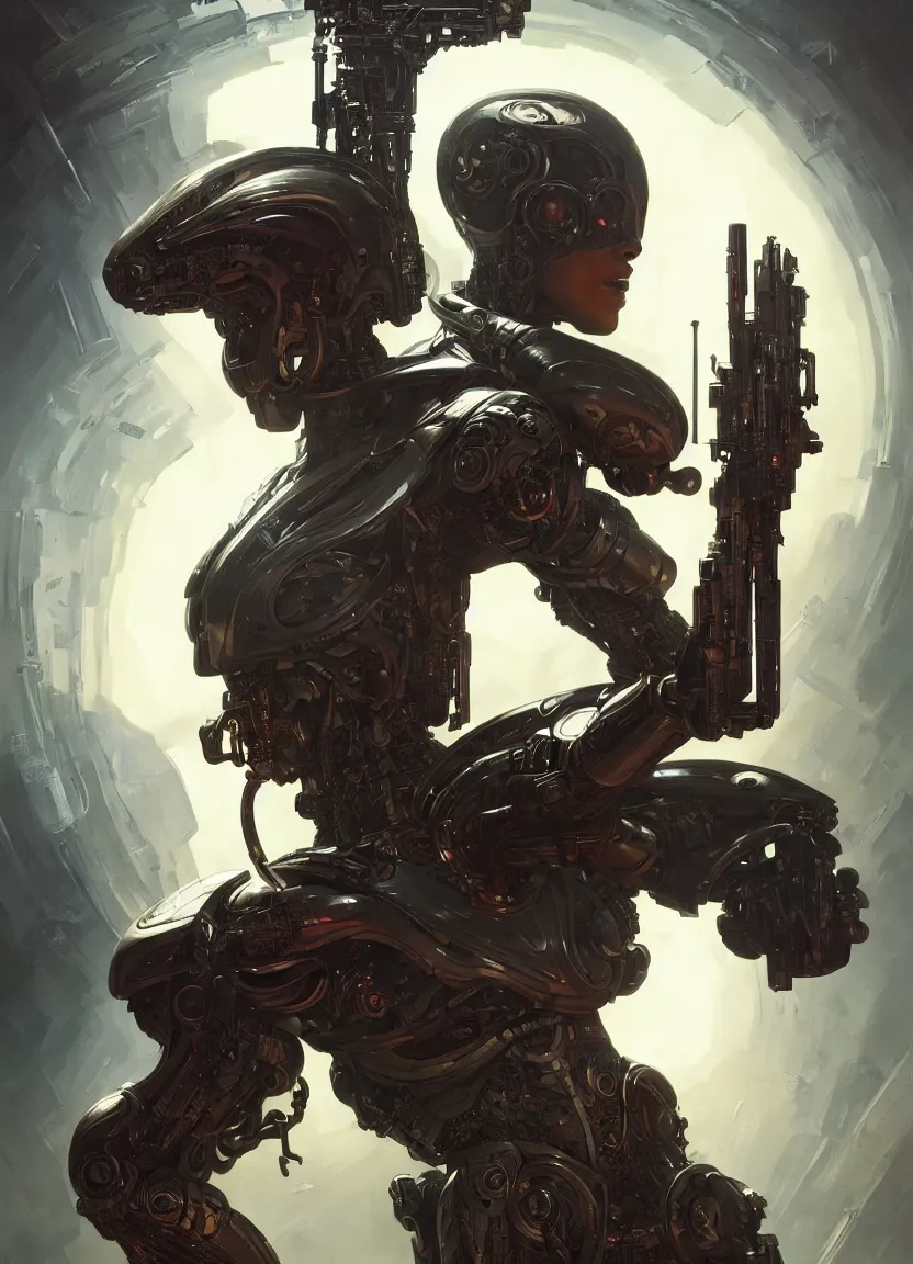 Prompt: cyborg alien bounty hunter, armed and dangerous poster, intricate, elegant, highly detailed, digital painting, artstation, concept art, matte, sharp focus, illustration, art by artgerm and greg rutkowski and alphonse mucha