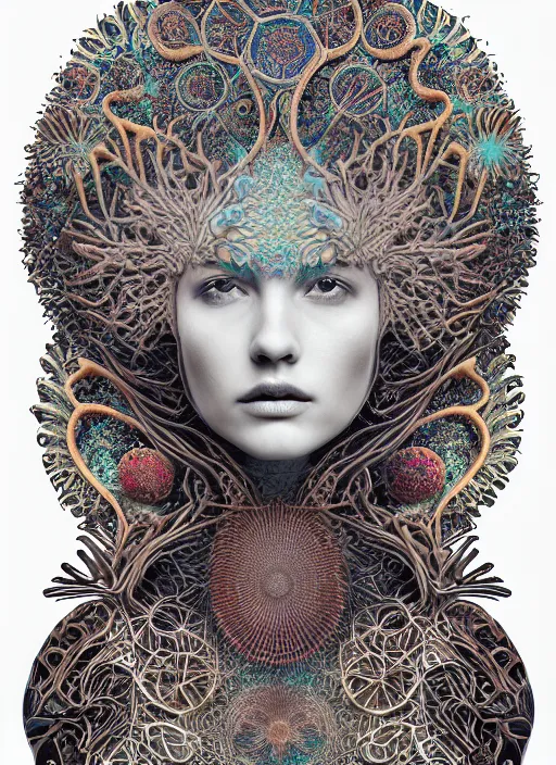 Prompt: ridiculously beautiful young womans face, radiating psychedelics, portals into dimensions, pollen, coral, birds, symmetrical, in the style of ernst haeckel, effervescent, sacred geometry, intricate linework, surrealism, photo realistic, epic and cinematic