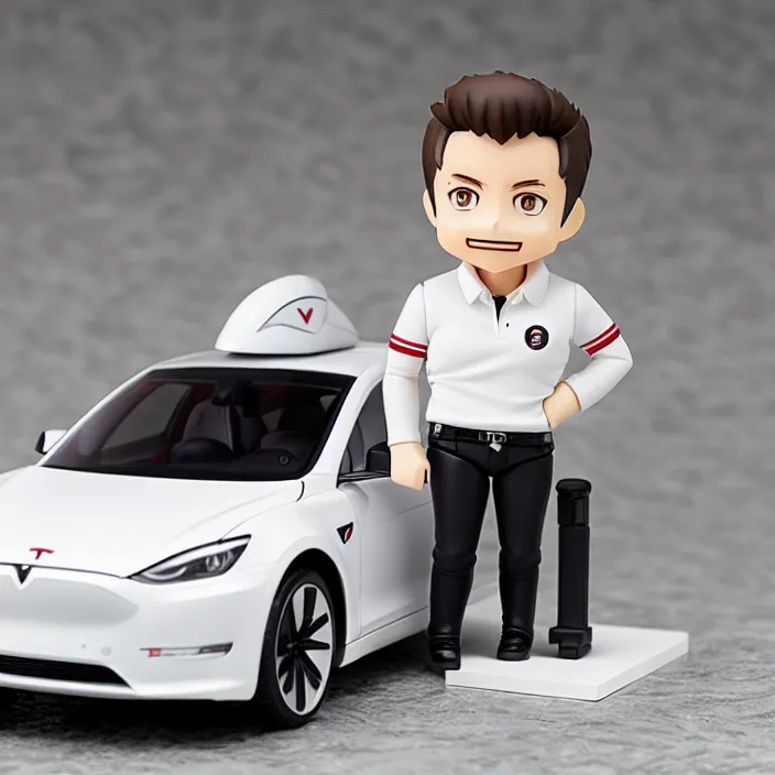 Image similar to a anime nendoroid of elon musk wear white polo and black shoe, car tesla 3, figurine, product photo, detailed