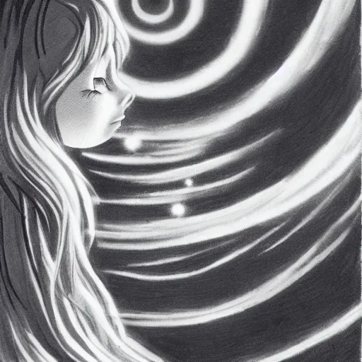 Image similar to A beautiful illustration of a young girl with long flowing hair, looking up at the stars. She appears to be dreaming or lost in thought. Sonic the Hedgehog by Dora Maar ✨