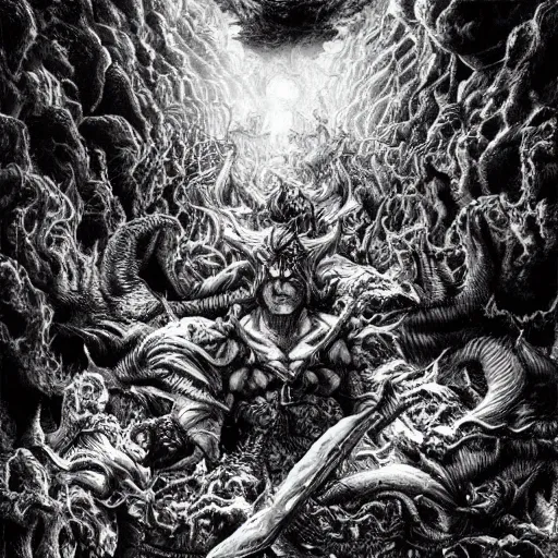 Image similar to a stunning digital masterpiece of hell and heaven at war by kentaro miura, hyper-detailed