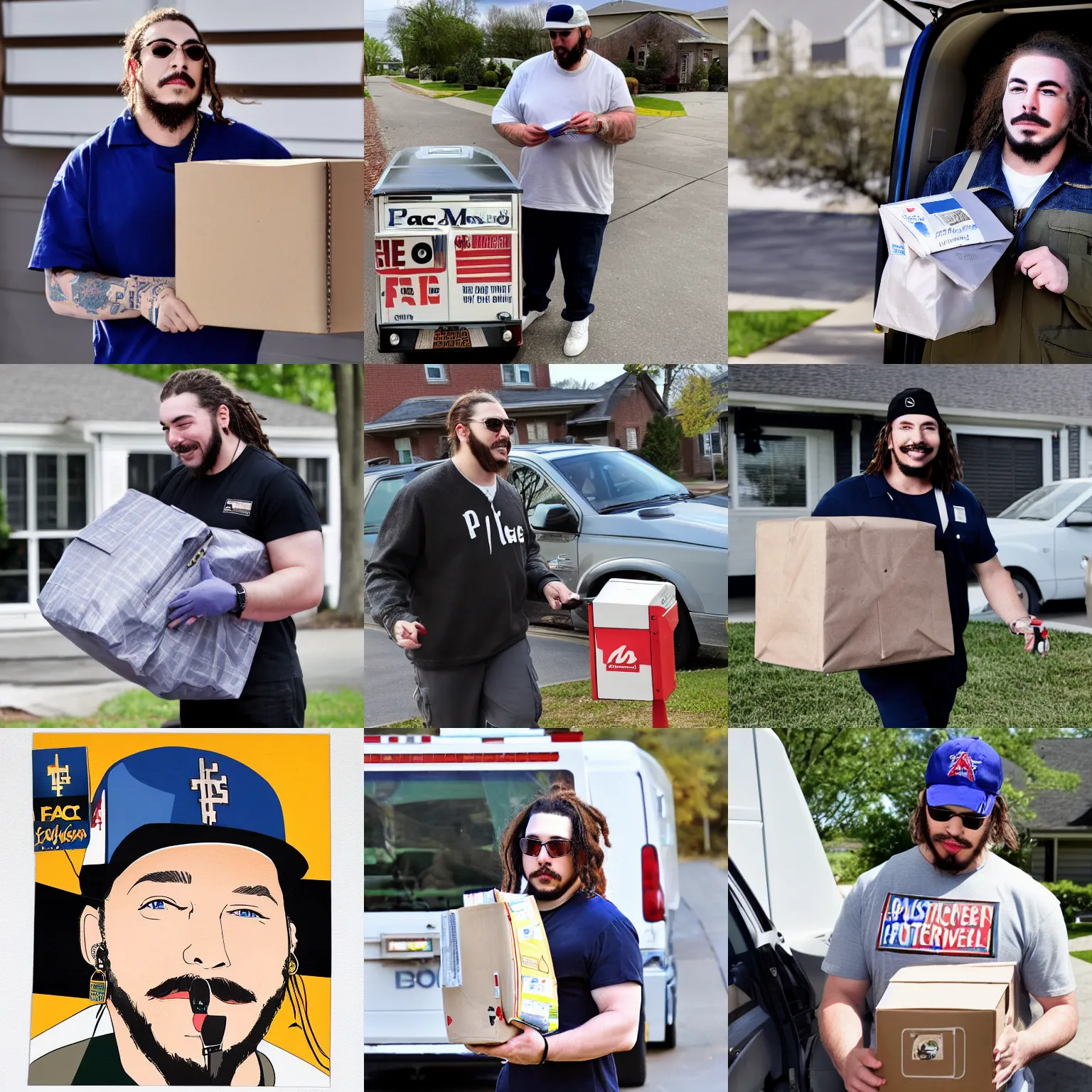 Prompt: a postal mail carrier delivers mail from a bag featuring the face of post malone