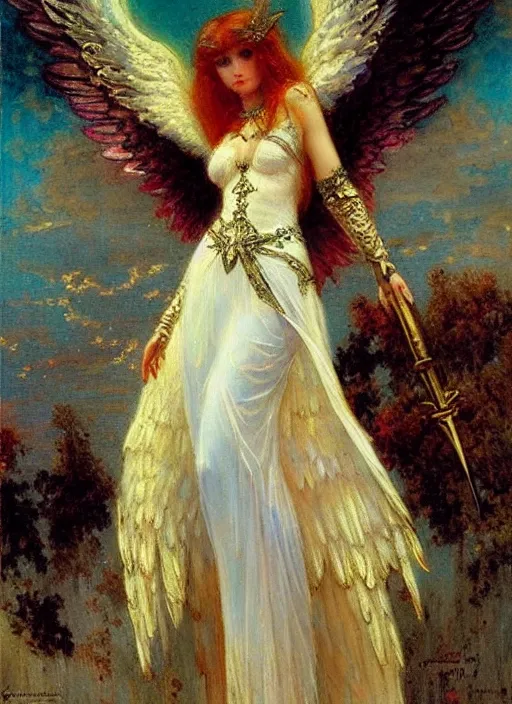 Image similar to vertical prtrait of an angel knight gothic girl, baroque dress. by gaston bussiere