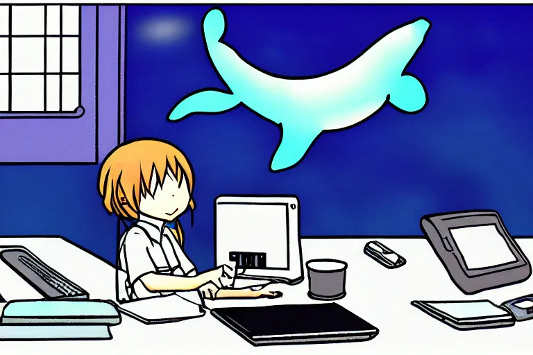 Image similar to anime whale using a computer, anime cute whale