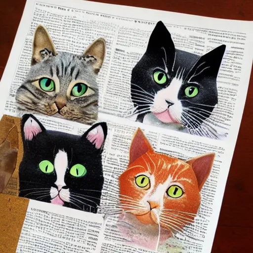 Image similar to Accurate representation of cat collage made out of cut coated and uncoated colored papers on two joined sheets of found newspaper