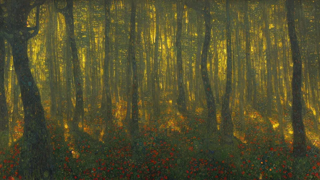 Image similar to A Gustav Klimt oil painting of a hauntingly beautiful elven forest in the morning; rays of light coming through the canopy; trending on artstation; extraordinary masterpiece!!!!!!; 8k