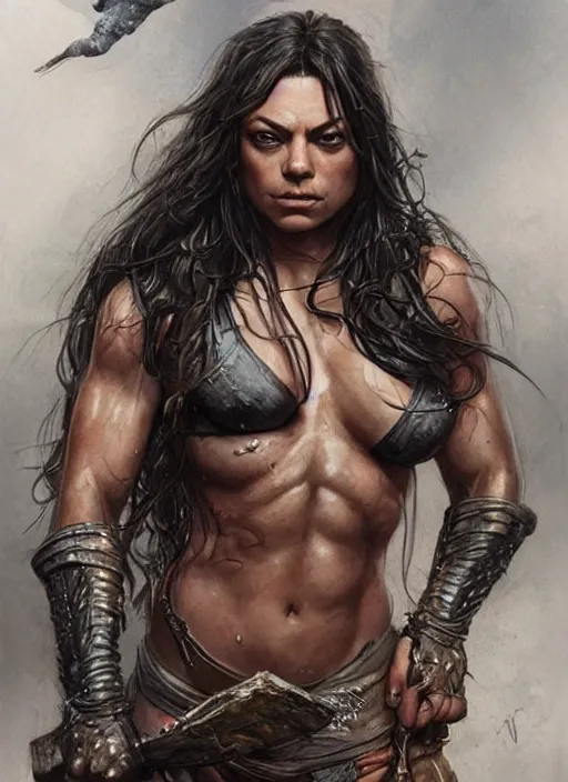 Image similar to exhausted Mila Kunis as a very muscled rugged looking Amazon, dirty, sweating, intricate, elegant, highly detailed, artstation, concept art, sharp focus, art by artgerm and donato giancola and Joseph Christian Leyendecker, WLOP