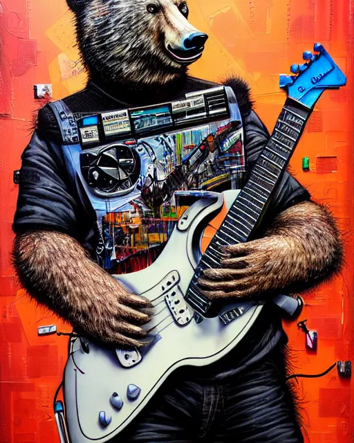 Image similar to a portrait of an anthropomorphic cyberpunk bear shredding an electric guitar by sandra chevrier, by jon foster, detailed render, tape deck, epic composition, cybernetics, 4 k realistic, cryengine, realistic shaded lighting, sharp focus, masterpiece, by enki bilal