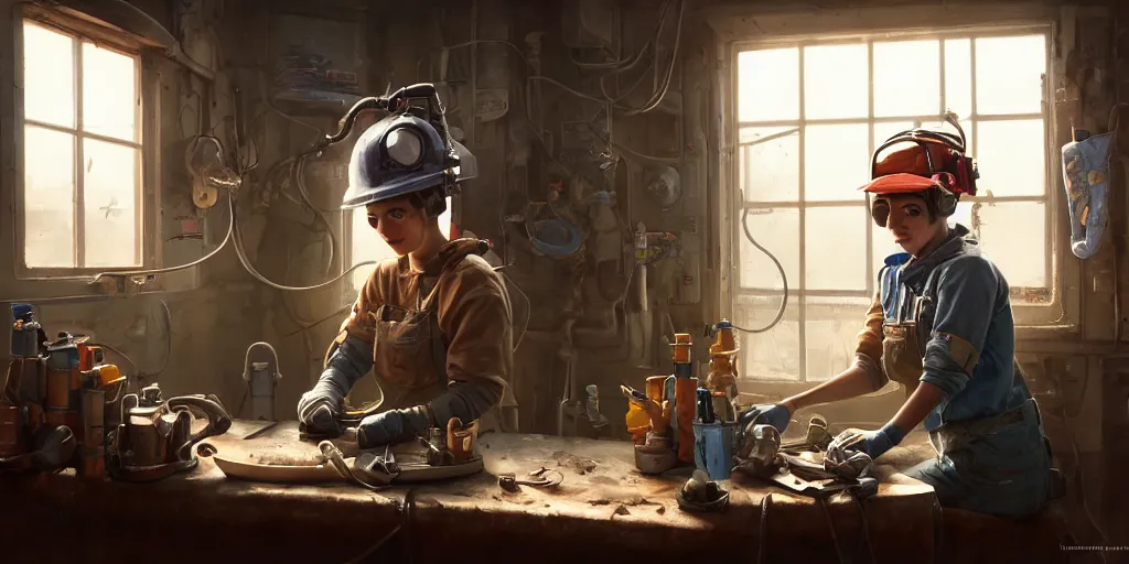 Image similar to highly detailed portrait painting of welder girl, room mono window, table mess, by eddie mendoza and tyler edlin, 8 k resolution