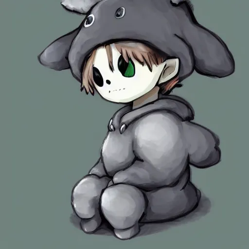 Prompt: little boy wearing sheep suit. white, gray, blue, green and brown pallet color. made in abyss art style, inspired in kris from deltarrune, cute detailed artwork, anatomically proportional