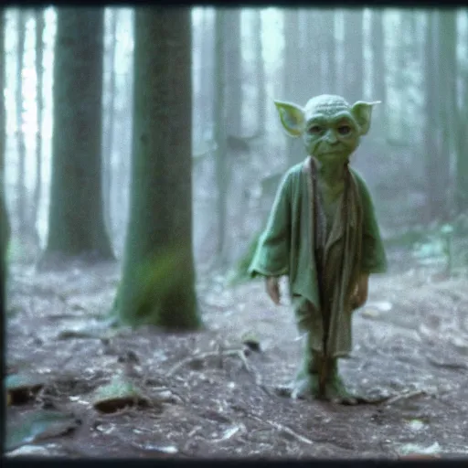 Image similar to A singular creature mix between Gollum and Yoda, center frame medium shot, shot on technicolor cinemascope 35mm anamorphic lense, flare, film grain, still from a 1980's movie