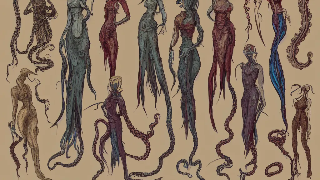 Image similar to aged paper, colorful character sheet for a stocky alien extraterrestrial female servant maid with thick snake - like tentacles instead of hair, long dress with apron, retrofuture, valerian, moebius, coherent, illustration, digital art, trending on artstation, hd, 8 k, good lighting, beautiful, rough paper, masterpiece