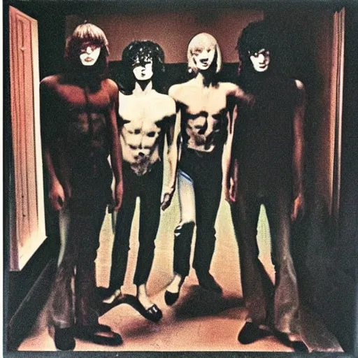 Image similar to four men standing next to each other in a dark room, an album cover by Syd Barrett, pinterest, mannerism, antichrist, top lighting, 1970s