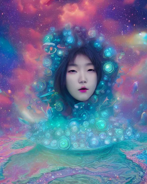 Prompt: Pearlescent Korean teen seductive Queen Goddess floating in a multiversal rgb universe depicted by James Jean, rule of thirds, fair complexion, celestial, majestic, interstellar vortex through time, award winning, super nova octopus, octane render, massive scale, interstellar, high-quality, 4k