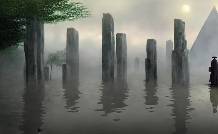 Image similar to a realistic and atmospheric cell - shaded concept art from howl's moving castle ( 2 0 0 4 ) of a grey monk standing in a futurist sci - fi city that looks like stonehenge in a flooded rainforest. it is a misty starry night. very dull muted colors, hd, 4 k, hq