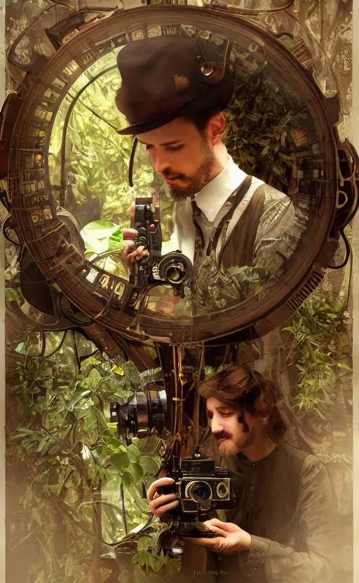 Image similar to hyper realistic male photographer looking through a vintage steampunk medium format camera, design on white background, beautiful details, lush foliage cyberpunk, gold, drawn by john singer sargent, tom bagshaw, norman rockwell, alphonso mucha, lolish, trending on artstation