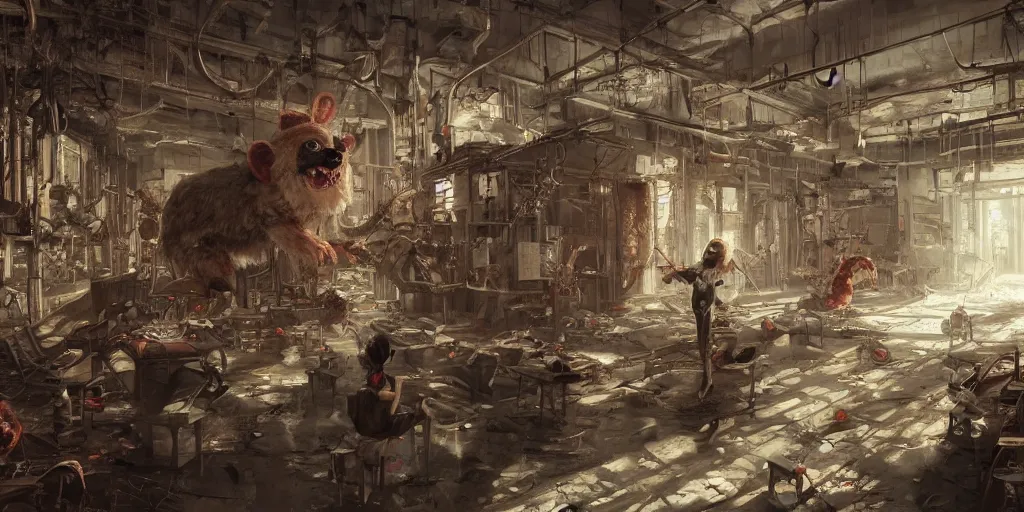 Image similar to Inside of an abandoned toy factory with running furry human-sized scary toys, dramatic, interior, artstation, horror game, digital art made by Stanley Artgerm Lau, WLOP, Rossdraws, James Jean, Andrei Riabovitchev, Marc Simonetti, Yoshitaka Amano, ArtStation, CGSociety