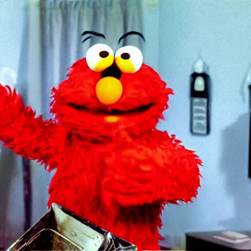 Prompt: elmo from the sesame street committing arson
