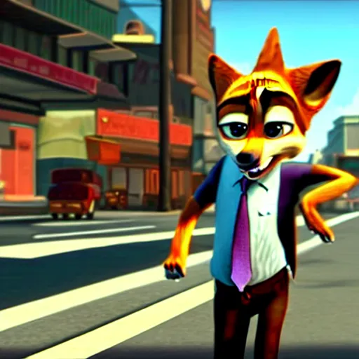 Prompt: Screenshot from the original Grand Theft Auto III featuring Nick Wilde (from Zootopia)