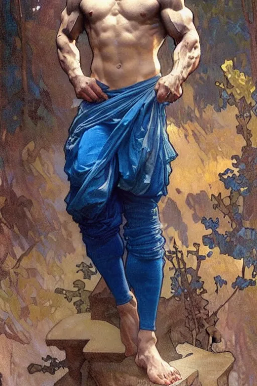 Image similar to A man wearing blue clothes, muscular, fantasy, painting by greg rutkowski and alphonse mucha