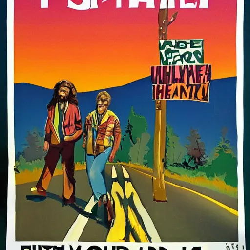 Image similar to a 1970's hippie poster with 2 guys hitchhiking at the edge of the road with a caravan