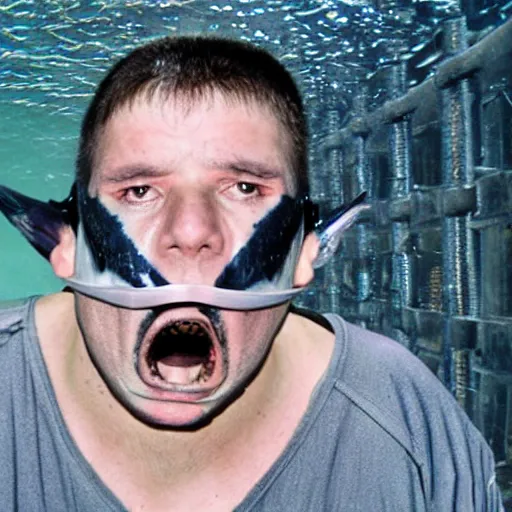 Image similar to inmate with fish head scuba diving in a jail cell