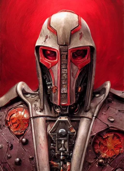 Prompt: portrait of rotten Nicolas Cage with respirator as adeptus mechanicus in red hood and robe from Warhammer 40000. Highly detailed, artstation, illustration by and John Blanche and zdislav beksinski and wayne barlowe